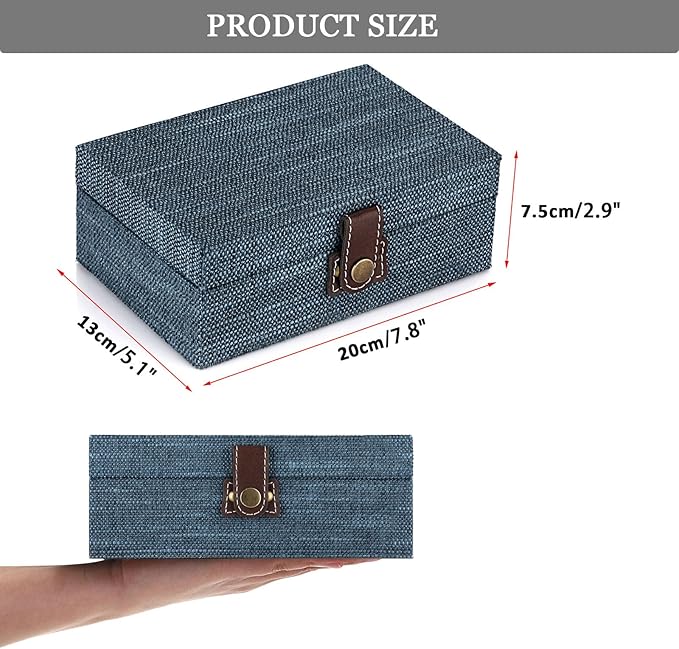 Hipiwe Treasure Chest Jewelry Box - Wooden Decorative Box with Clasp Linen Covered Memento Case Box Rectangular Keepsake Box Photos Storage Organizer Home Decor,Blue