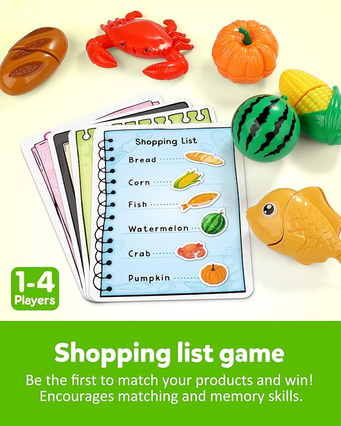 Coogam Pretend Play Food Kitchen Accessories for Kids, Fake Fruits Meats Vegetables Cutting Food with Shopping Storage Basket for Preschool Activities, Daycare Educational Toy for 3 4 5 Years old Kids