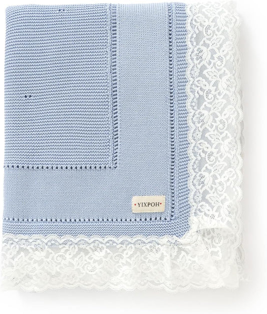 100% Organic Cotton Baby Blanket Knitted Softer Receiving Swaddle Warm Cozy Cuddle Crib Blanket for Newborns Infants Toddlers Boy and Girls Sky Blue