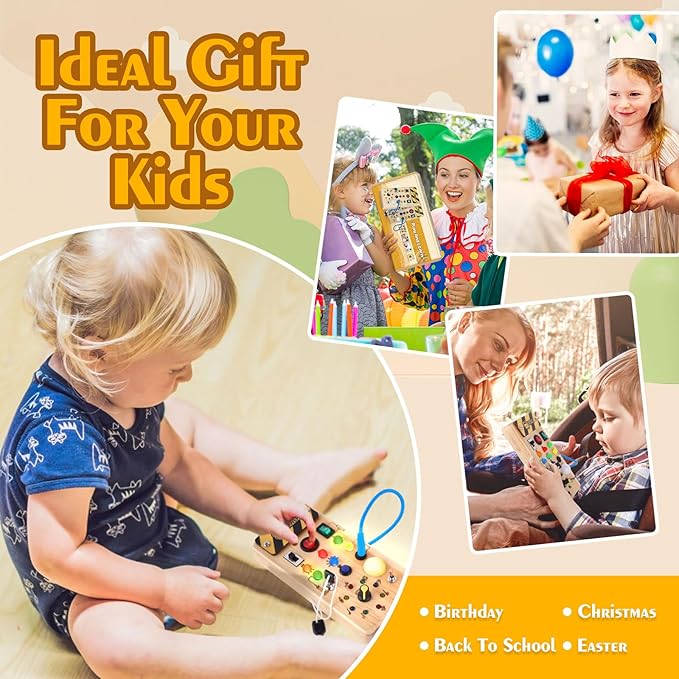 Hoarosall Montessori Wooden Busy Board with 8 LED Light switches, Sensory Toys Light Switch Travel Toys for 1+ Year Old Baby and Toddler