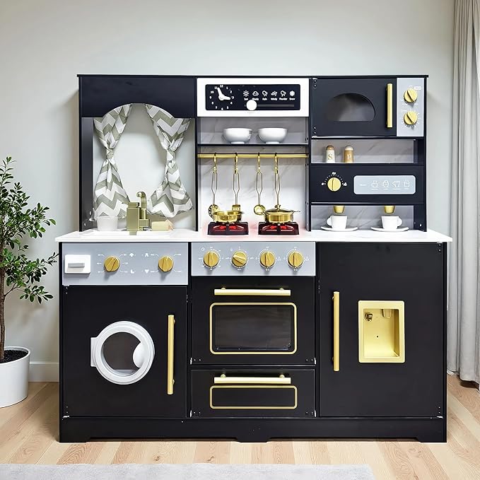 Wooden Play Kitchen with Light & Sound, Toy Sink and Water Dispenser with Runing Water, Large Toddler Kitchen Playset with Washing Machine,Premium Gifts for 3+Years Boys Grils Kids