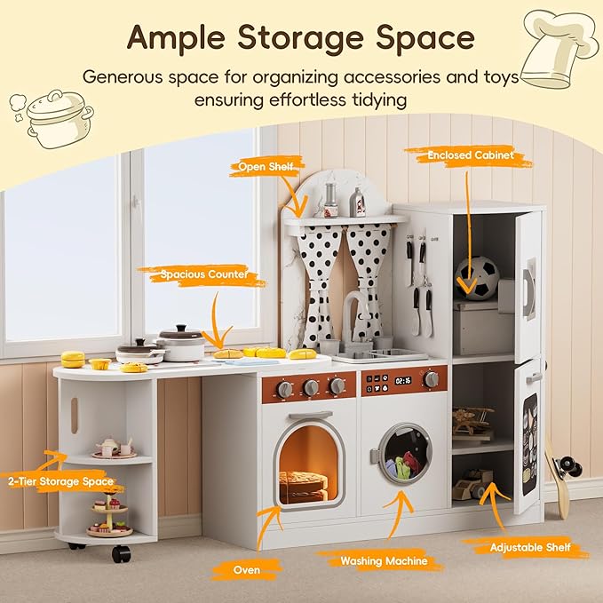 Wooden Play Kitchen with 180 Degree Rotation, Interactive Kids Corner Toy Kitchen Playset with Lights & Sounds, Toddler Kitchen Play Set with Realistic Accessories for Girls Boys Ages 3+, White