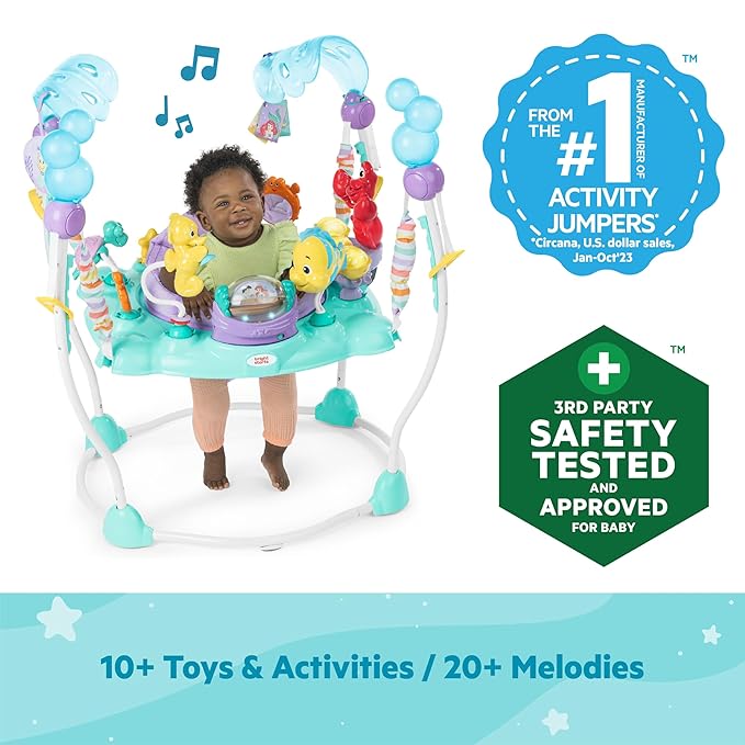 Bright Starts Disney The Little Mermaid Sea of Activities Baby Activity Jumper with Interactive Toys, Lights & Music with Disney Princess Ariel, 6-12 Months (Blue)