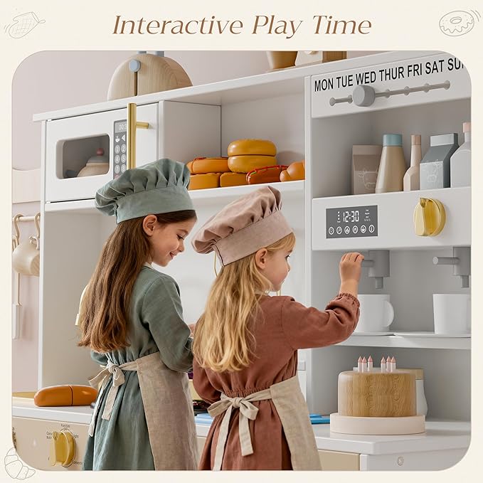 Play Kitchen Set, Kids Kitchen Playset with 21 Fun Accessories, Toy Kitchen Set with Realistic Appliances, Smart Storage, Wooden Play Kitchen for Kids, Gift for Ages 3+ (White & Gold)