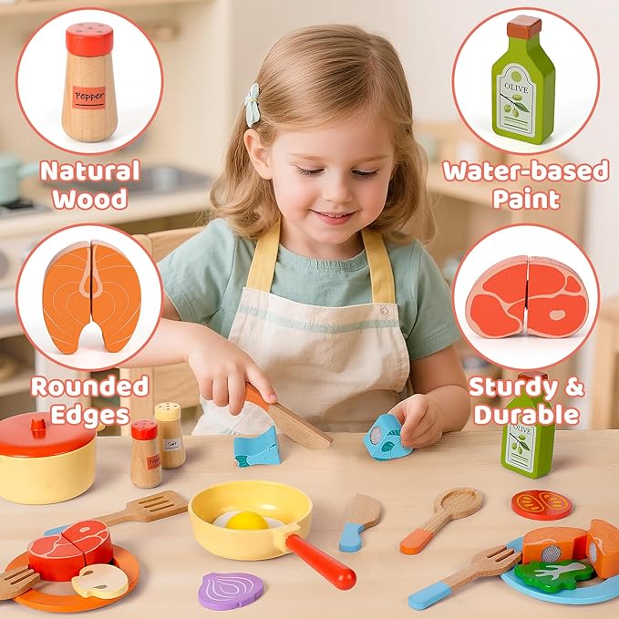 Play Kitchen Accessories, Wooden Pretend Play Cooking Playset with Interactive Sound and Storage Stove, Pots & Pans, Cuttable Play Food, Kitchen Toys for Kids Toddlers Girls Boys
