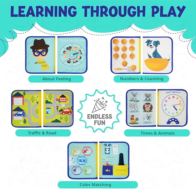 Montessori Busy Board Book for Toddlers 2-5 - Sensory Travel Toy for Airplane & Car Activities - Educational Quiet Book with Emotions, Numbers & Colors - Speech Therapy & Autism Learning Gift