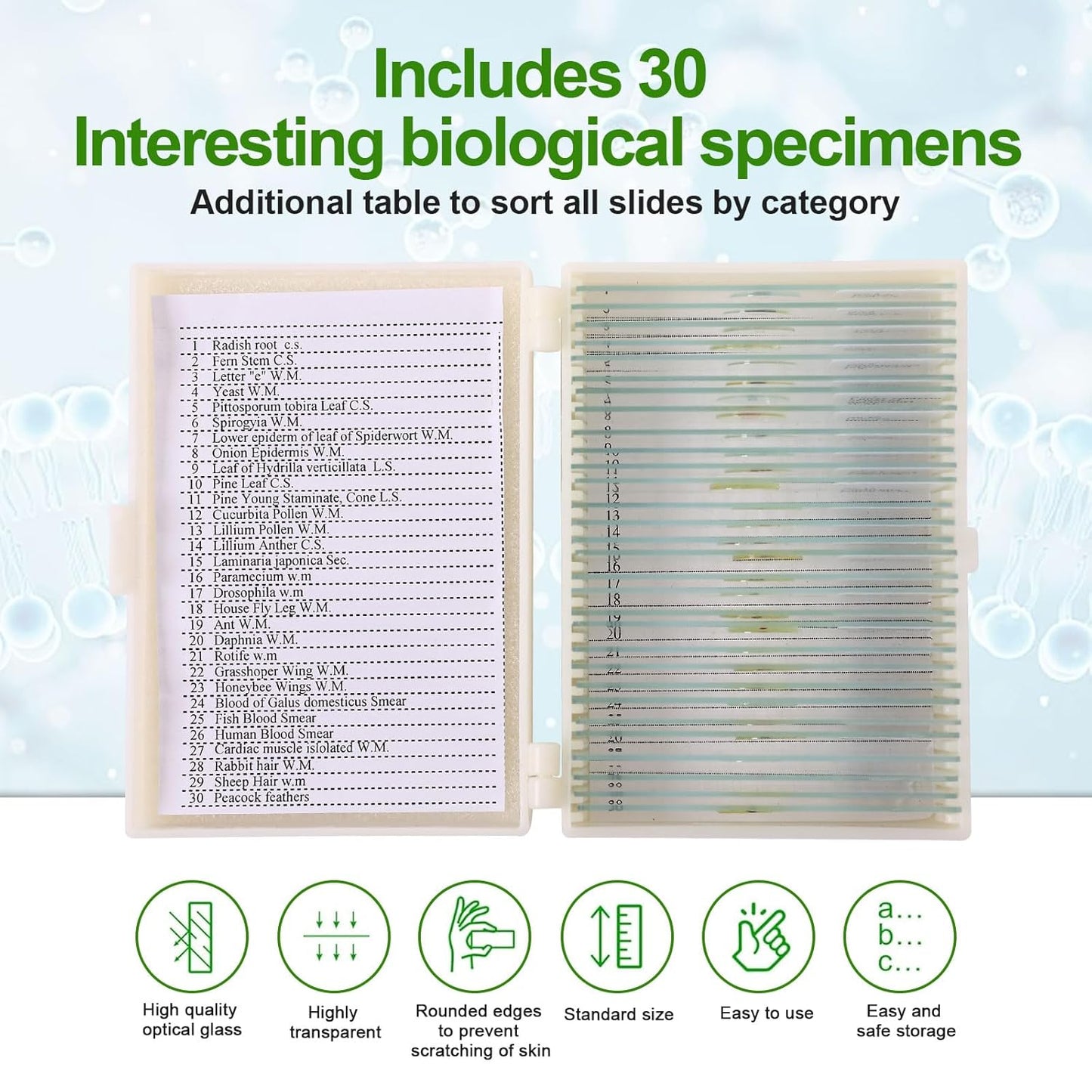 30 Microscope Slides with specimens, Plants, Insects, Animal Cell Samples for use in Biological Science Labs for Children, Students and homeschools
