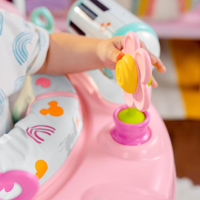 Bright Starts Disney Baby Minnie Mouse Forever Besties Baby Activity Center Jumper with 10 Toys, Lights & Sounds, 360-Degree Seat, 6-12 Months (Pink)
