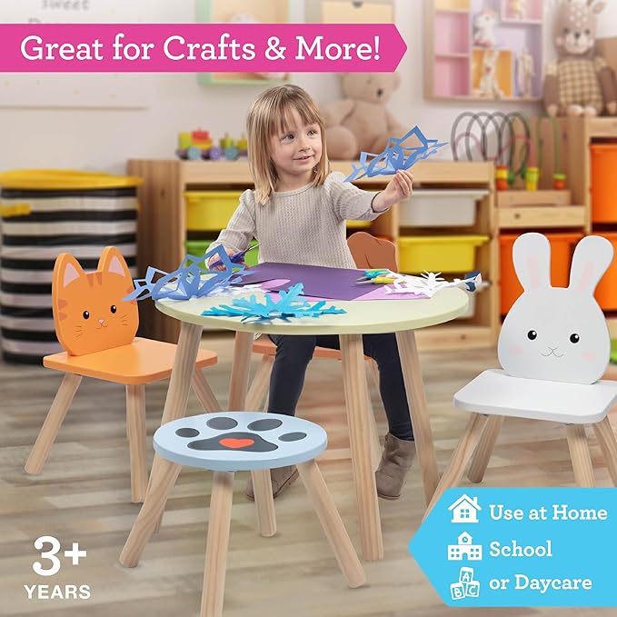 Kids Wooden Animal Table & Chair Set w 4 Seats- Puppy Kitten Bunny Plus Adult Stool for Arts Crafts Activity, Dining, Pretend Play- Playroom Furniture for Home, Daycare Classroom- Toddler Xmas Gift
