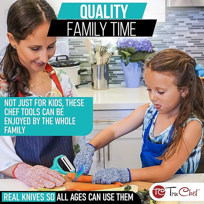 5-Piece Kids Cooking Chef Knife Set | Real Stainless Steel Knives with Peeler, Serrated Knife & Holder | Kids Safe Rounded Tips, Easy-Grip Handles | Kitchen Knife Set (5 pcs, Aqua)