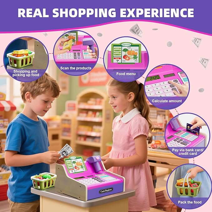 Kids Cash Register Toys, Rechargeable Wooden Toddler Pretend Play Supermarket & Fast Food Restaurant, Cashier Toy with Play Money, Pretend Food, Birthday Gifts for Kids Boy & Girl Age 4-8, Pink