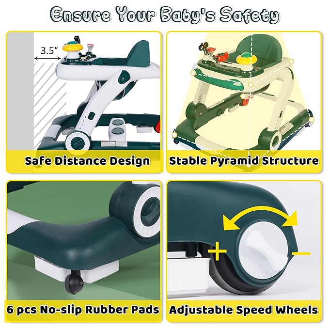 6 in 1 Baby Walker, Baby Activity Center for Toddler, Walker Rocker Bouncer w/Adjustable Height Speed, Learning-Seated & Walk-Behind, Infant Walker w/Feeding Tray & Music Toys, Green