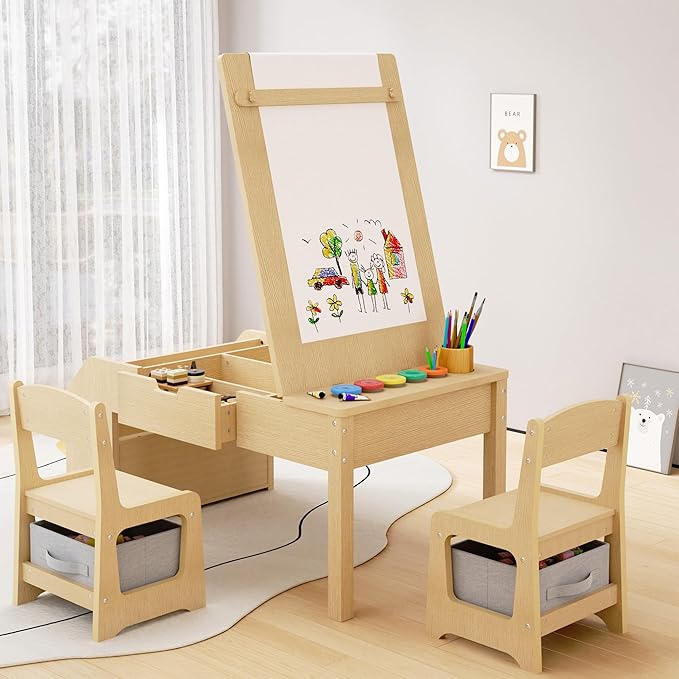 5-in-1 Kids Art Table and Chairs, Toddler Table and Chair Set, Craft Play Desk for Kids, Convertible Art Easel with Paper Roll Holder & Storage Drawers, Children Activity Learning Center - Nature Wood