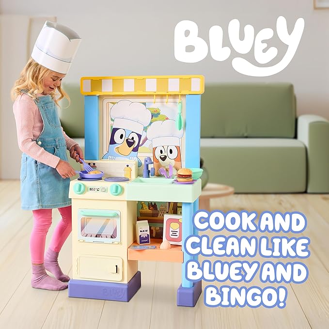 Bluey Kitchen Play Set for Kids Ages 4-8, 3ft Tall Pretend Kitchen Playset Stove, Sink, Oven & 20+ Accessories Chef Hat, Kid Play Kitchen