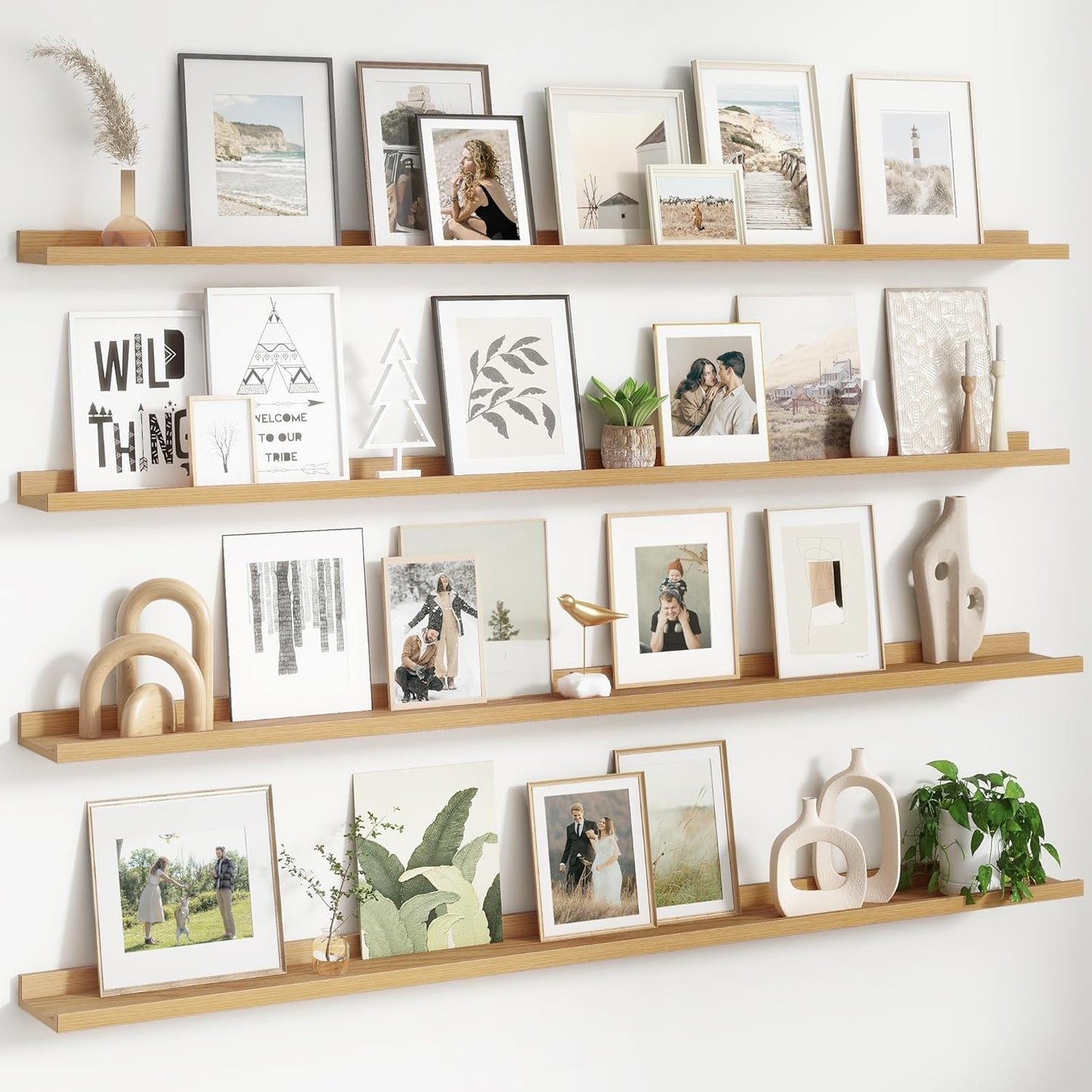 4-Pack 72 Inch Wall Mounted Floating Picture Ledge Shelves, Modern Oak Style, Perfect for Displaying Photos, Books, Collectibles, and More