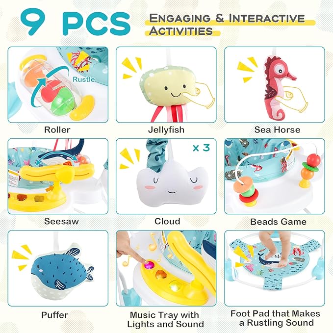 BABY JOY Baby Jumpers and Bouncers, Infant Activity Center with Music Lights Sounds, 360° Rotating Seat and 3 Adjustable Heights, Baby Play and Learning Center for 6-12 Months