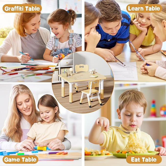 Brelley Kids Table and 2 Chairs Set, Height Adjustable Toddler Desk 31.5" L x 23.6" W and Chair Set, Graffiti Desktop, Classroom/Daycare/Home, Children Multi-Activity Table for Ages 2-8