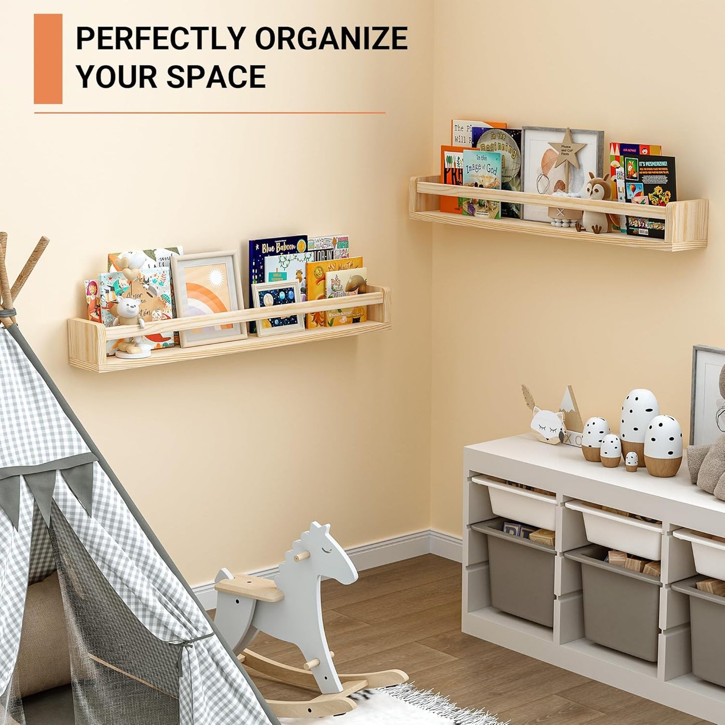 Heimlove Nursery Floating Shelves, Wood Nursery Book Shelves for Wall, 32 inch Wall Bookshelf for Kids Solid Wood Shelves for Books,Toys and Decor Storage, Set of 3