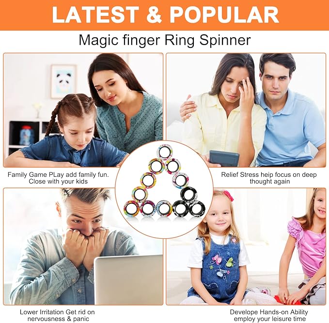 12Pcs Magnetic Ring Fidget Spinner Toys Set, Graffiti Camo Fingers Magnet Rings, ADHD Stress Relief Magical Toys for Training Relieves Autism Anxiety, Great Gift for Adults Teens Kids