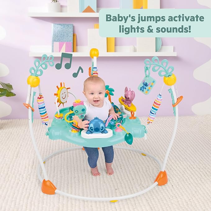 Bright Starts Disney Stitch Little Ohana Baby Activity Jumper with Interactive Toys, Lights & Music with Stitch, Angel & Scrump, 6-12 Months (Blue)
