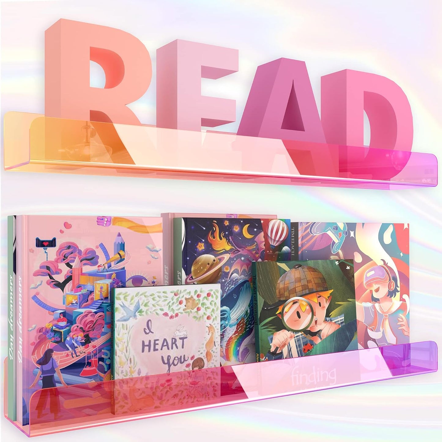 24 inches Iridescent Acrylic Bookshelf, Wall Mounted Display for Kids Room, Nursery, Toddler, Classroom (2 Packs)