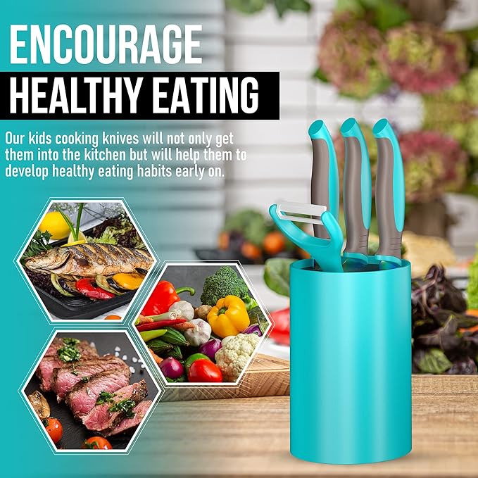 5-Piece Kids Cooking Chef Knife Set | Real Stainless Steel Knives with Peeler, Serrated Knife & Holder | Kids Safe Rounded Tips, Easy-Grip Handles | Kitchen Knife Set (5 pcs, Aqua)