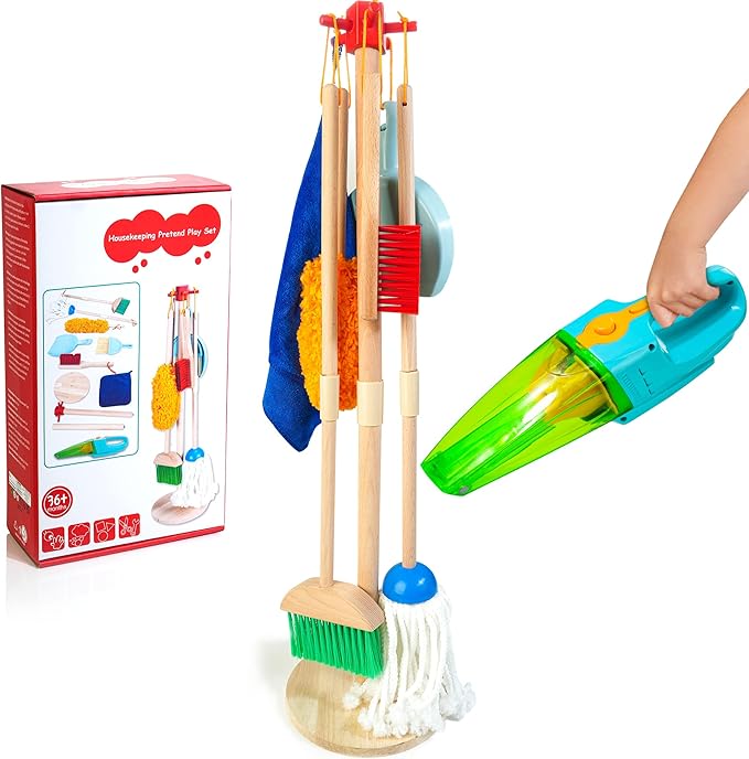 Kids Cleaning Set with Electric Vacuum Cleaners, Wooden Pretend Play Housekeeping Set, Toddler Cleaning Toys for Girls Boys Age 3+