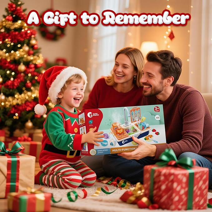 CUTE STONE Pretend Play Kitchen Sink Toys with Play Cooking Stove, Pot and Pan with Spray Realistic Light and Sound, Dish Rack & Play Cutting Food, Utensils Tableware Accessories for Kids Toddlers