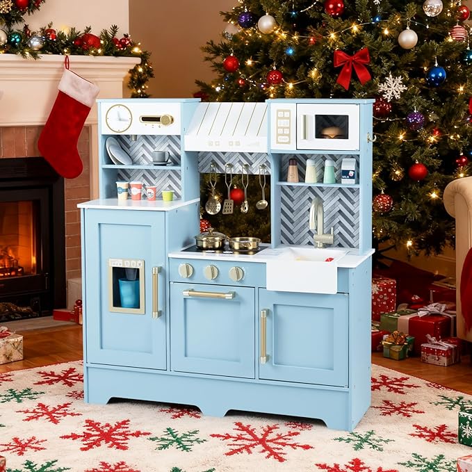 HONEY JOY Play Kitchen, Wooden Toy Kitchen Set with Coffee Maker, Microwave, Range Hood, Ice Maker, Stove, Dish Rack, Cookware, Pretend Play Kids Kitchen Playset for Toddler Boys Girls (Blue)