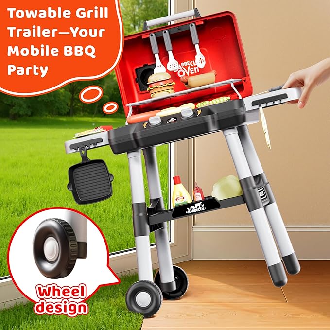 Kids Play Kitchen Toys, Kids BBQ Grill Playset，2-Tier Barbecue Toy with Wheels, Smoke Sound Light, Outdoor Play Food Toys Cooking Set, Birthday Gift for Toddlers 3-5