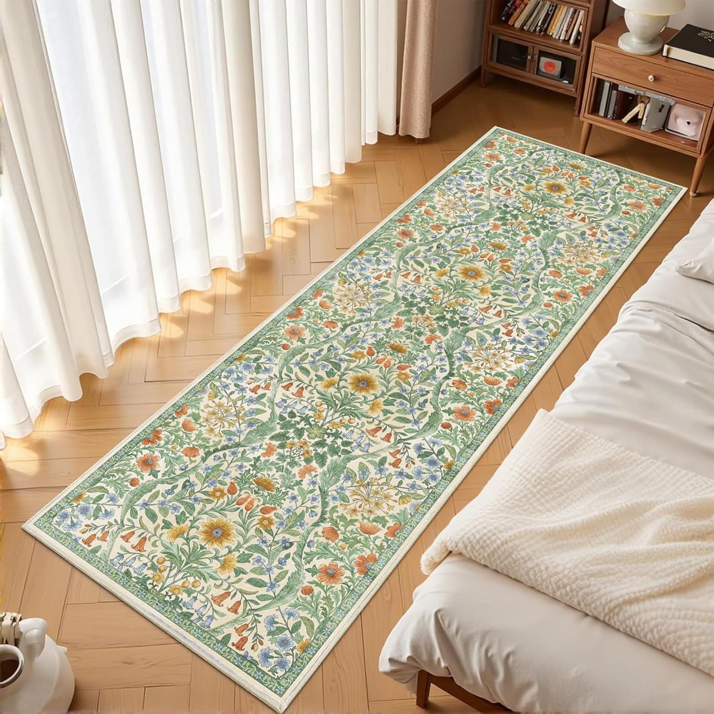 2x6 Washable Runner Rug,Grass Green Floral Boho Area Rug for Hallway,Low-Pile Non-Slip Stain Resistant Carpet for Kitchen, Bedside,Laundry Room,Entryway
