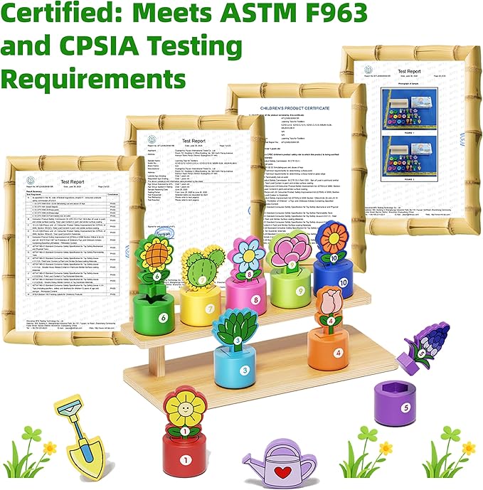 GJZZ Wooden Pretend Play Flower Garden Set with Stand - Montessori Shape and Color Sorting Toys for 2 3 Year Old Girls Boys Birthday Gifts, Number Cognition for Toddler Kids, Fine Motor Skills