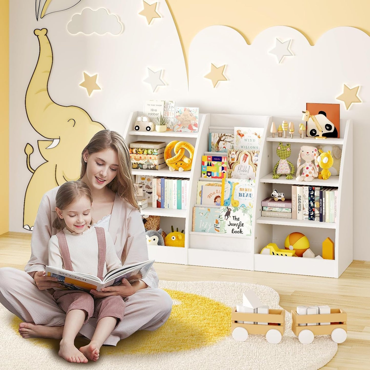 4 Tier Kids Bookshelf Set of 2, 4 Layer Sling Kids Book Shelf for Kids Rooms, XL Wood Children Bookcase,Baby Storage Book Rack,Toddler Bookshelf, Book and Toy Organizer,Book Display Shelf for Nursery