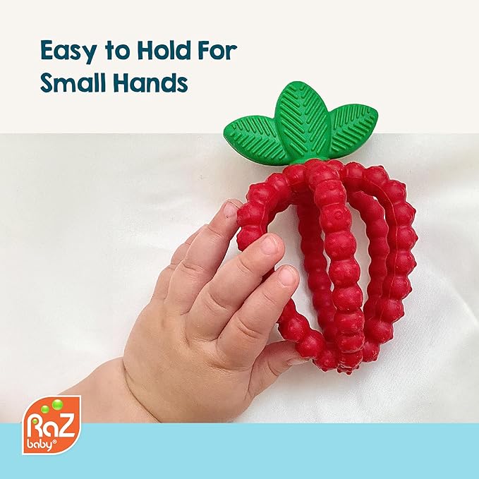RaZbaby Bites Silicone Baby Teething Toy – Sensory Toy with Textured BerryBumps for Teething Relief, Easy-to-Hold Fruit Shape, BPA-Free, Soothes Front & Back Teeth – Gift for Babies, 3 Months+, Red