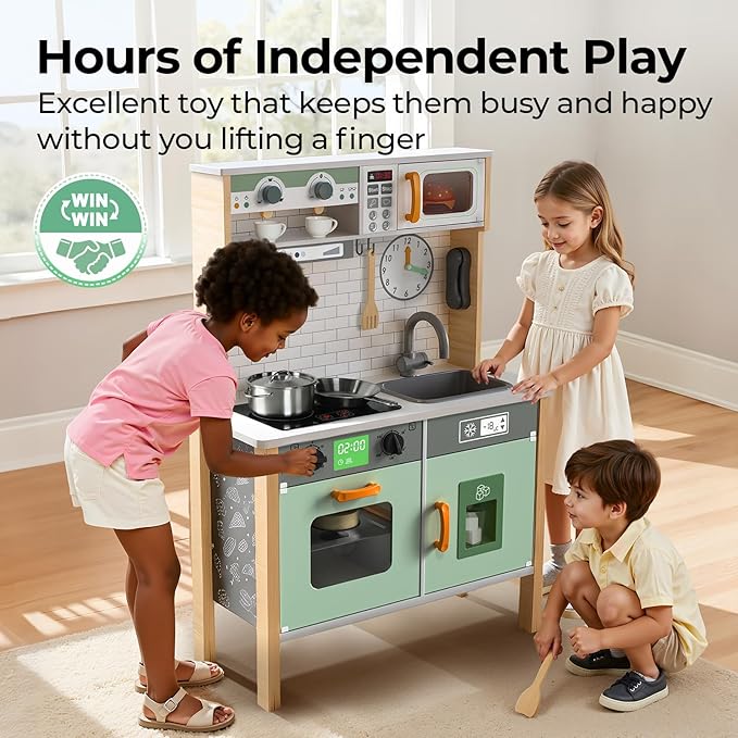 Play Kitchen Wooden Kids Kitchen Playset Pretending Toys for Toddlers with Real Lights & Sounds, 3 Heights Adjustable, Chalkboard, 35Pcs Toy Food & Cookware Accessories-Green