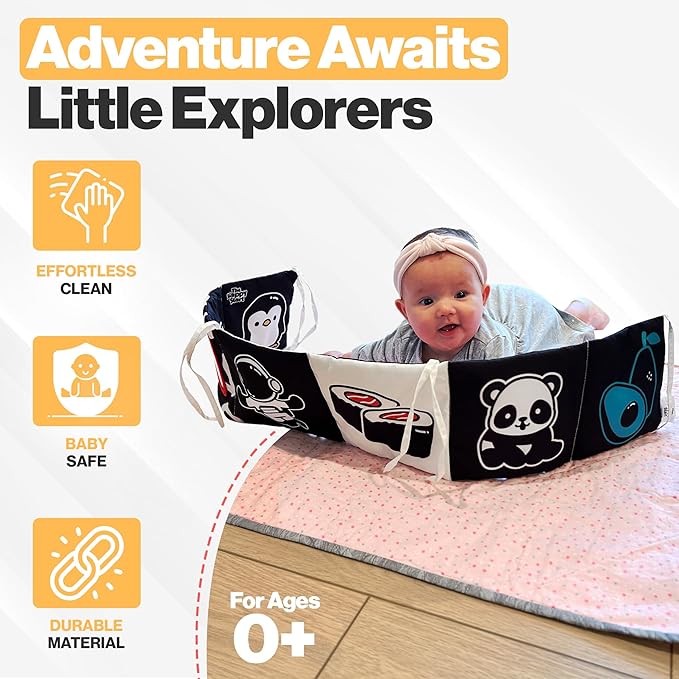 Happy Start High Contrast Baby Soft Book - Sensory Cloth Book for Newborns and Infants 0-12 Months with Mirror, Crinkle & Squeaker | Baby Tummy Time Toy, Crib, Stroller & Travel Developmental Toy