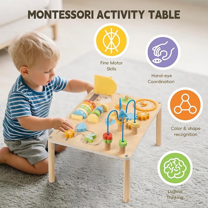 Activity Table for 1 Year Old, 8 in 1 Macaron-Colored Montessori Toys, Baby Activity Table with Bead Maze & Shape Sorter, Educational Sensory Table for Girls Boys 12+ Months