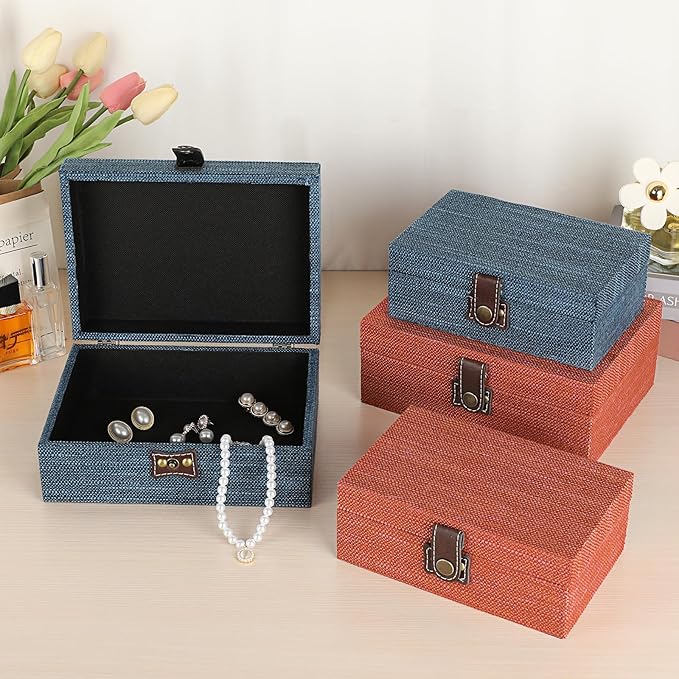 Hipiwe Treasure Chest Jewelry Box - Wooden Decorative Box with Clasp Linen Covered Memento Case Box Rectangular Keepsake Box Photos Storage Organizer Home Decor,Blue