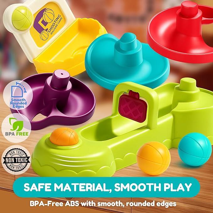 Montessori Ball Drop Toy for Toddlers 1-3, 2-in-1 Basketball Shooting Launcher with Spiral Ball Ramp Tower, Cause & Effect Preschool Learning, Birthday for Boys Girls