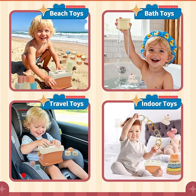 Shape Sorter Baby Toys 5 in 1 Montessori Toy, Shapes for Sorting Play for Infants Ages 6-48 Months, Stack & Count Cups, Rings Toy Links, Sensory Learning Toy Set Babies Birthday Gift