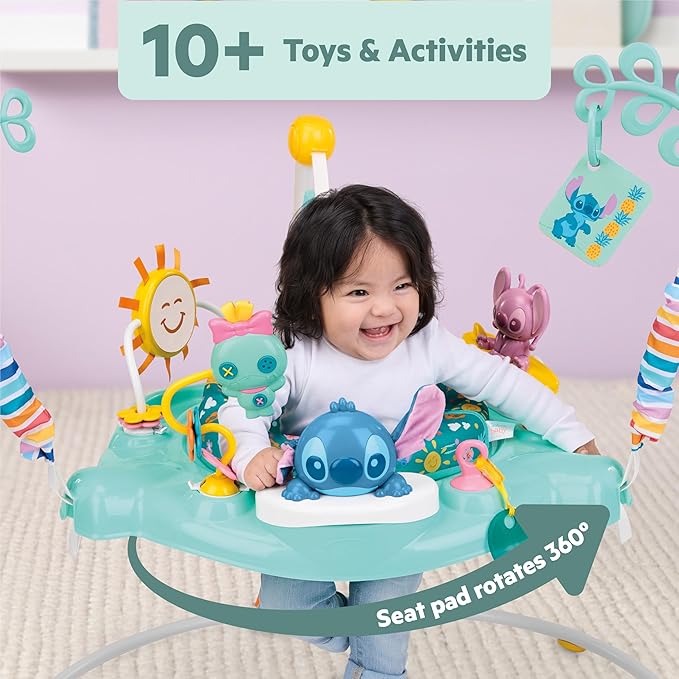 Bright Starts Disney Stitch Little Ohana Baby Activity Jumper with Interactive Toys, Lights & Music with Stitch, Angel & Scrump, 6-12 Months (Blue)