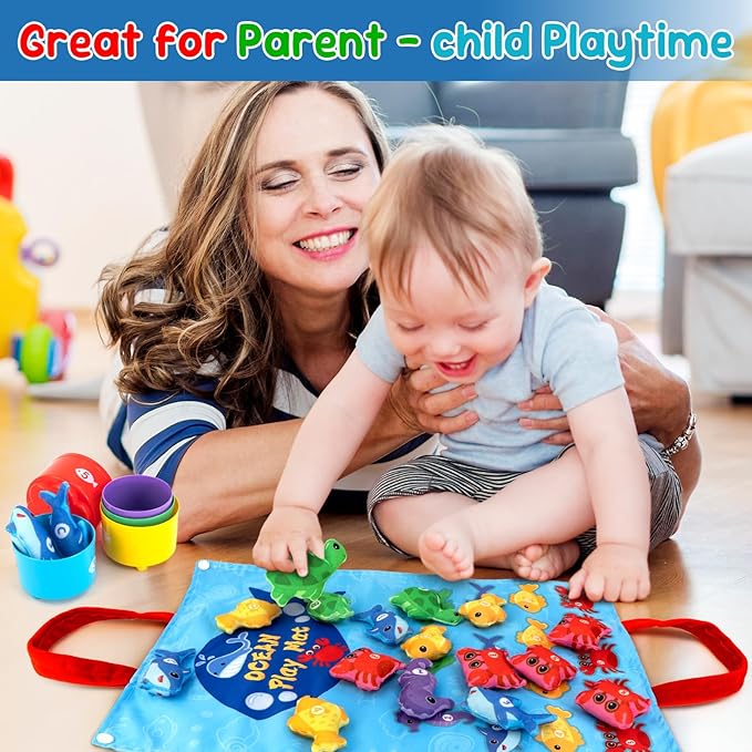 Letoya Toddler Toy Montessori Toys for 1 Year Old Boy Girl Birthday Gifts, Cloth Fishing Game for Toddlers 1-3 with Stacking Cups-Number Counting, Shape Learning Toys