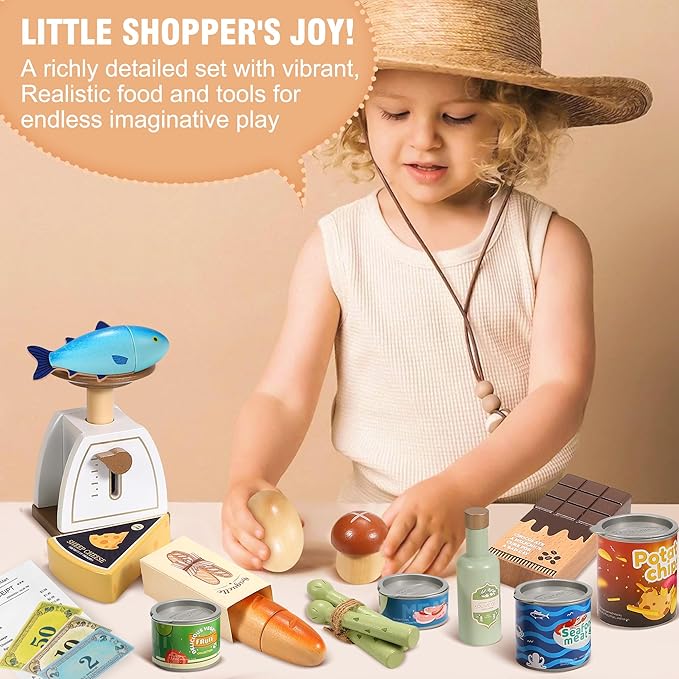 Wooden Play Food Set for Kids Toddlers, Grocery Store Pretend Play Food, Pretend Grocery Shopping & Play Kitchen Accessories for Boys Girls