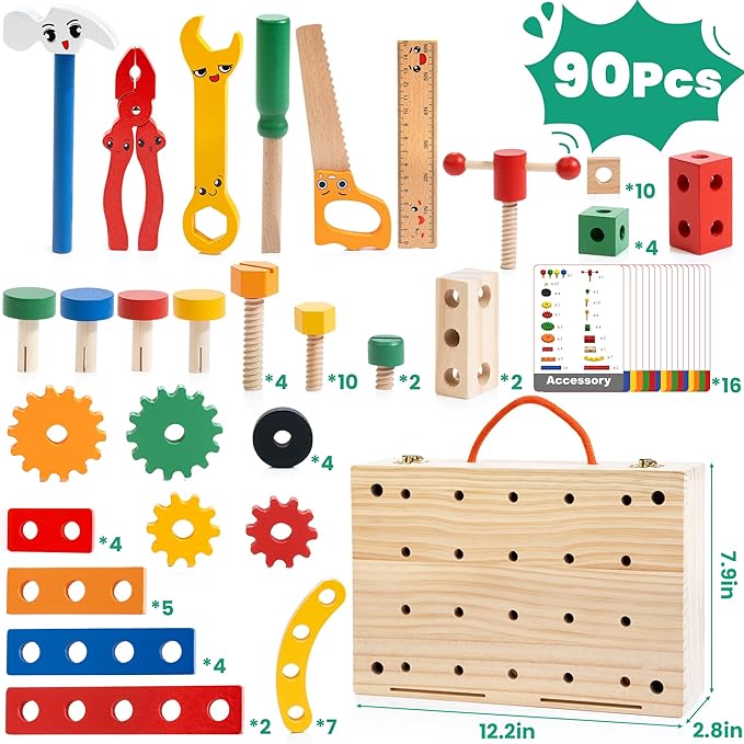 WOOOMAM Kids Tool Set, 90 PCS Wooden Toddler Tool Set with Box and Flash Cards, Tool Kit for Kids Age 3-5 Years, Toddler Boy Toys, FSC Certified Material