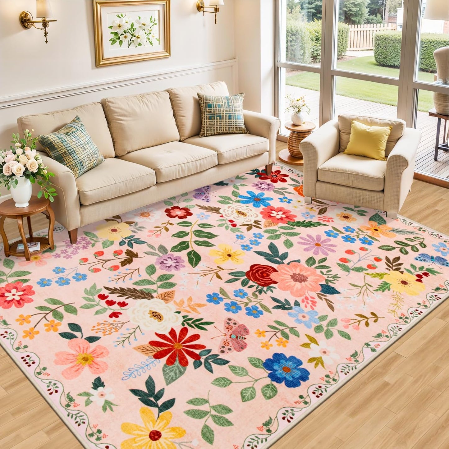 10x12 Area Rugs for Living Room: Floral Washable Rug Vintage Large Soft Boho Non-Slip Carpet Stain Resistant Low Pile Carpets for Bedroom Dining Room Farmhouse Nursery Hallway Home Office Beige