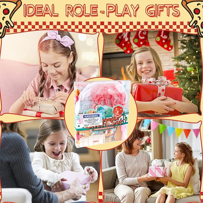 KAEGREEL Kids Baking Set 26Pcs with Dinosaur Apron & Hat Cooking Chef Dress Up Role Play Toys, Kitchen Toys Pretend Play Gifts for Girls Boys Aged 3 4 5 6 8 Years Old