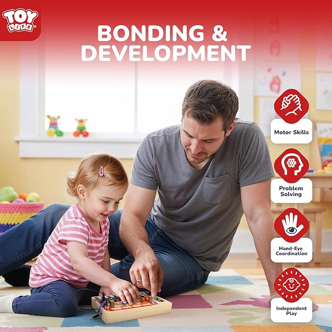 TOY Life Montessori Busy Board, Wooden Bus Sensory Board Toys for Toddlers with LED Light Up Switchs, Baby Fidget Boards Travel Toys, Christmas Birthday Gifts for 1+ Year Old Girls Boys