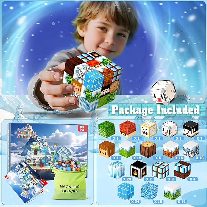 150PCS Magnetic Blocks-Magnetic Building Blocks Magnet Toys Set Stacking Snow Mountain World with Magnet Construction Toys STEM Sensory Gift for Kids Toddlers Boys & Girls Birthday Gifts Ages 3+
