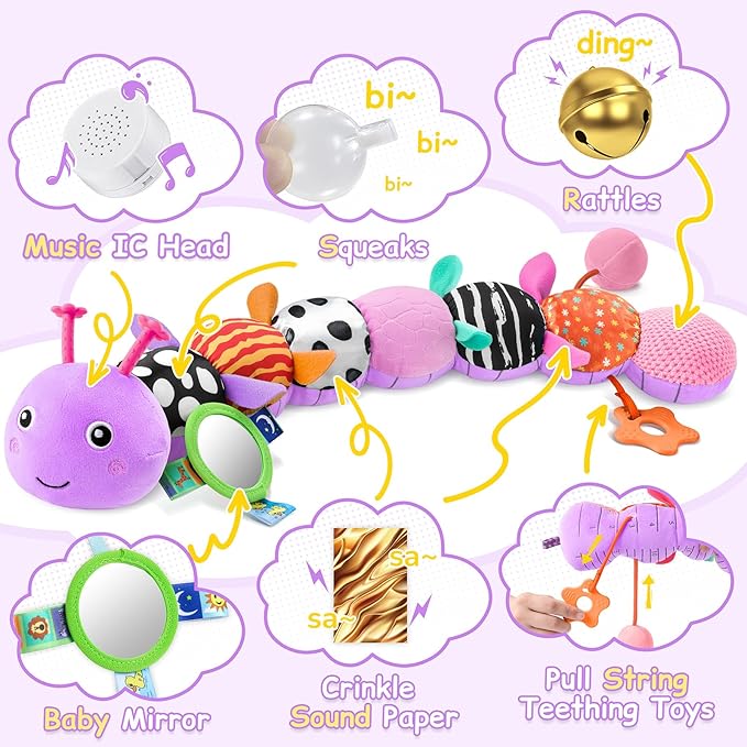 Baby Toys Sensory Musical Animal Stuffed Toy for Infant 0-3-6-12 Months Tummy Time Newborn, Plush Caterpillar with Mirror,Crinkle,Rattle Teething Toys for Baby Boys Girls Shower Gifts, Purple
