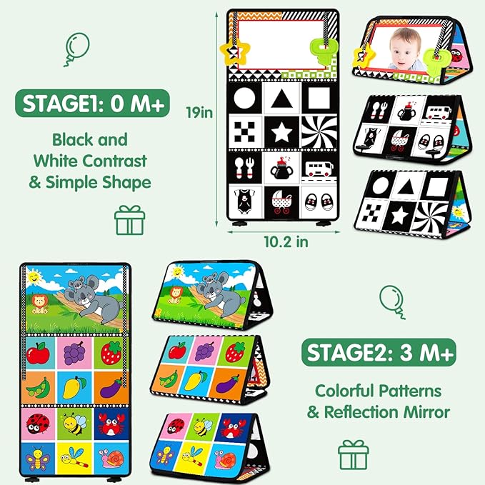 Tummy Time Baby Mirror Toys - Infant Toy Newborn 0 3 Months Brain Development with Soft Activity Book Teether - Black and White High Contrast Baby Toys 2 4 5 0-6 Babies Boy Girl Sensory Shower Gifts